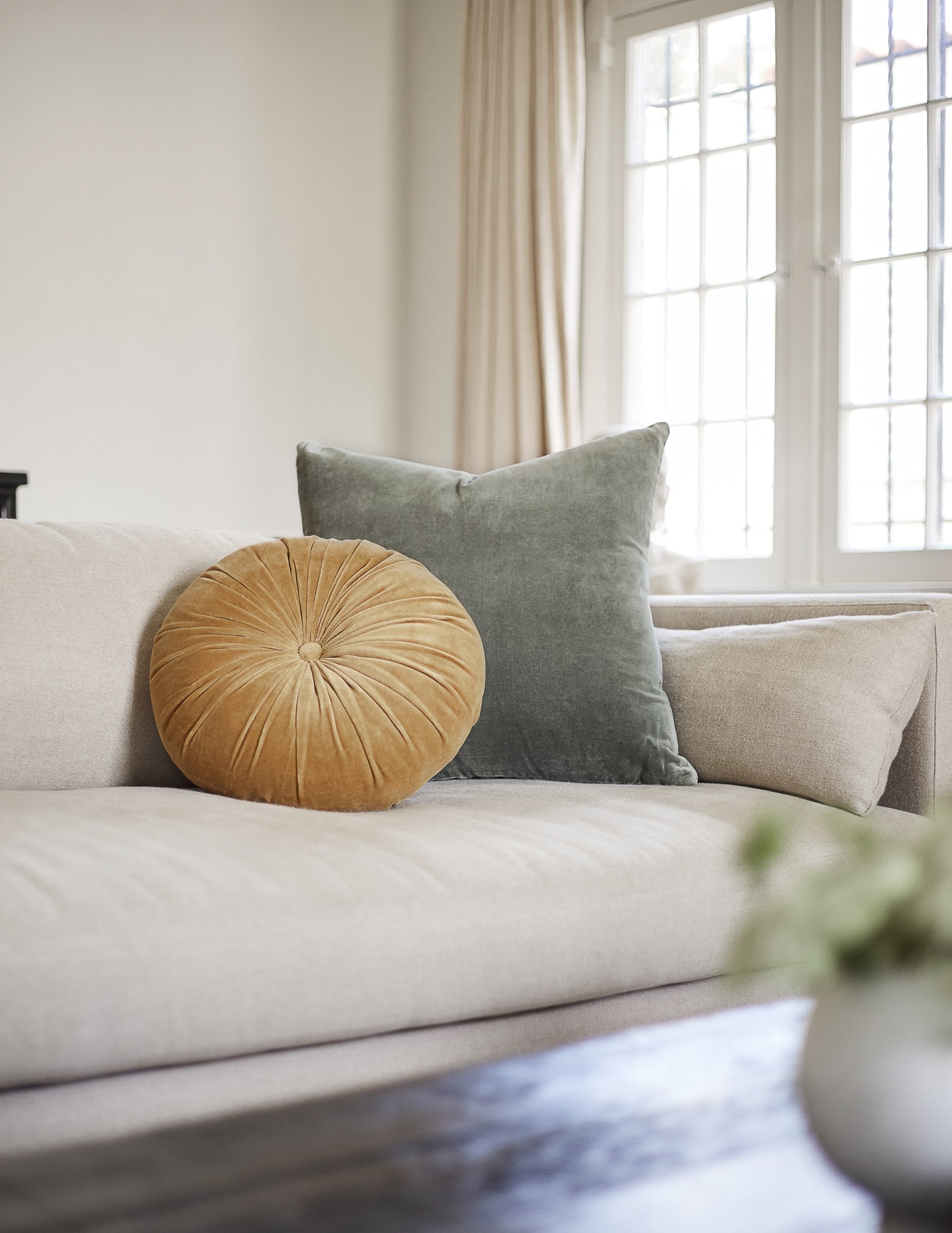 Mira Velvet Round Pillow | Pleated Texture, Soft Hues