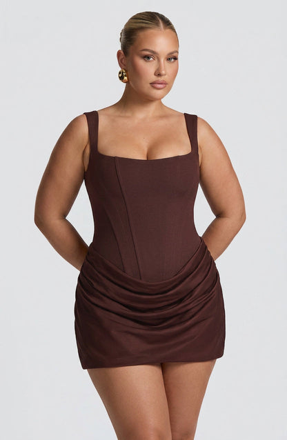 Stylish Mini Dress for Women Square-Neck Ruched Sleeveless