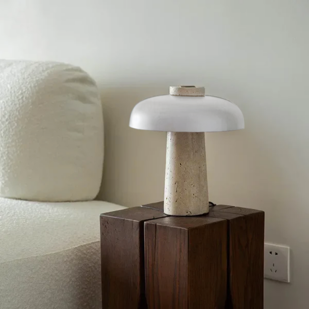 Luxe – White Modern Travertine LED Table Lamp with Touch Control