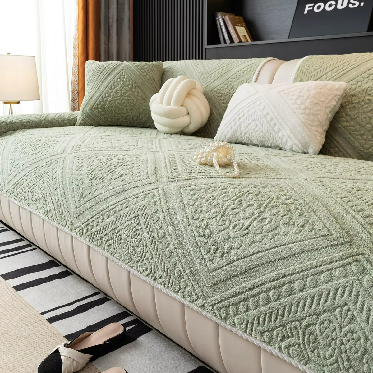 Cotton Velvet Quilted Sofa Cover Non Slip Backing Indoor Furniture Cover