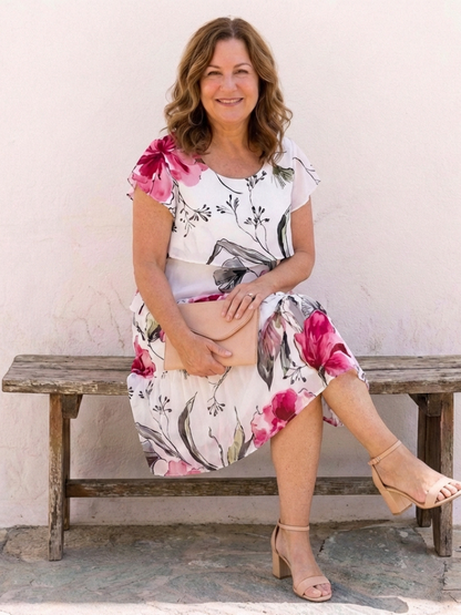 Elegant Floral Midi Dress for Women Flutter-Sleeve Tiered Layers