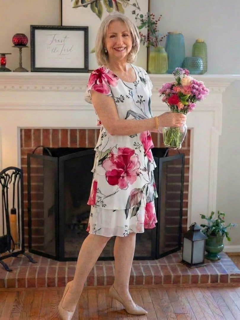 Elegant Floral Midi Dress for Women Flutter-Sleeve Tiered Layers