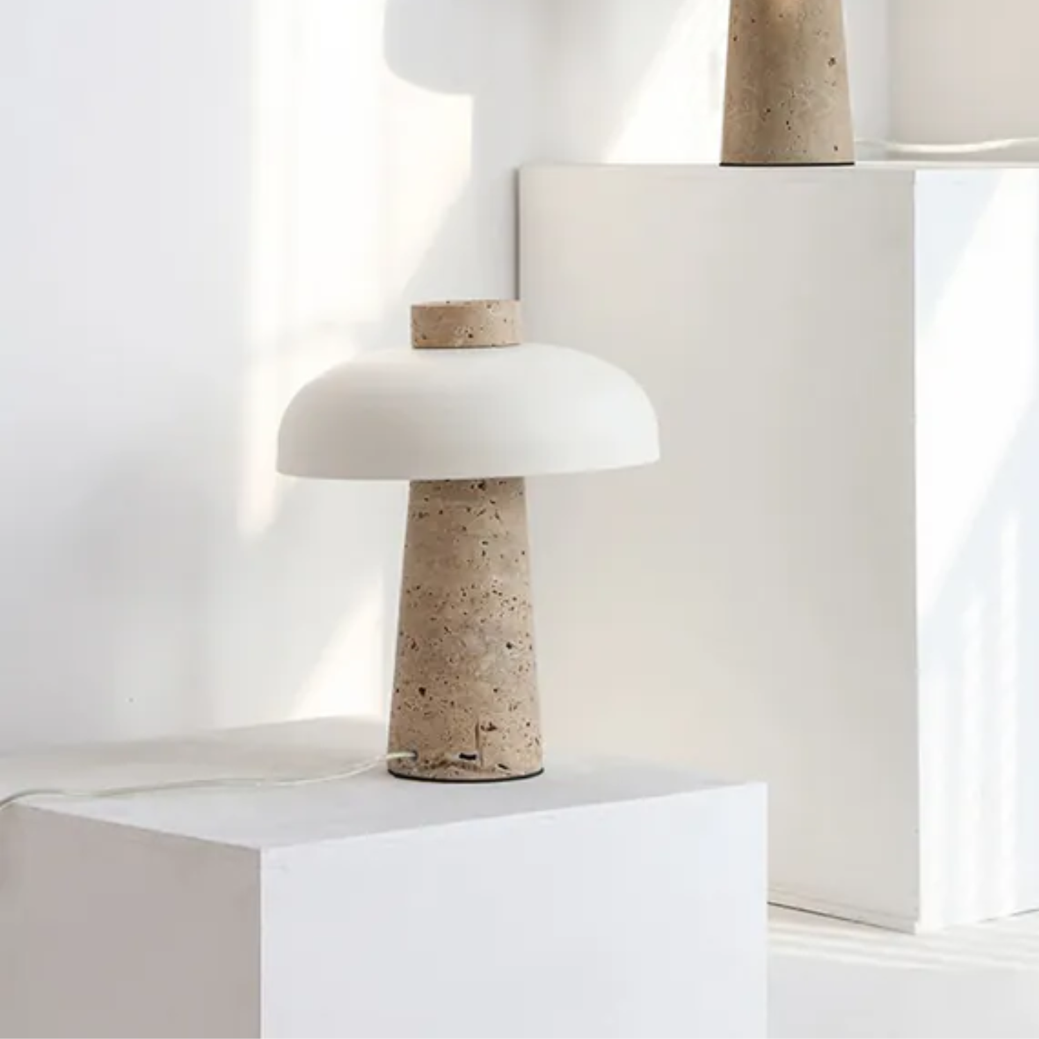 Luxe – White Modern Travertine LED Table Lamp with Touch Control