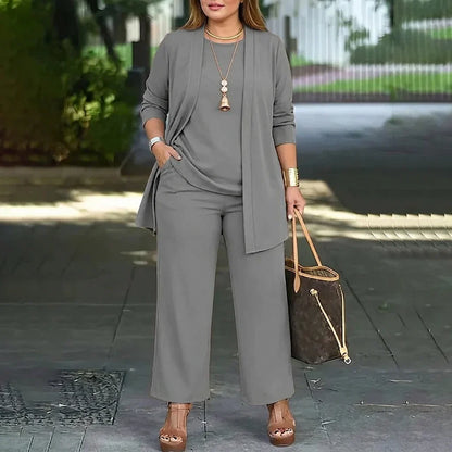 Elegant Three-Piece Set for Women Short-Sleeve Cardigan Wide-Leg