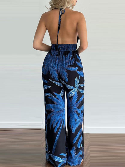 Elegant Maxi Dress for Women Halter Deep-V Palm-Print