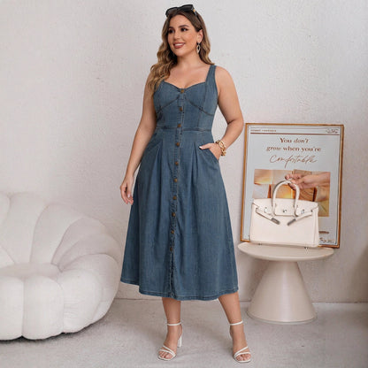 Effortless Midi Dress for Women Sweetheart-Neck Button-Front Pocketed