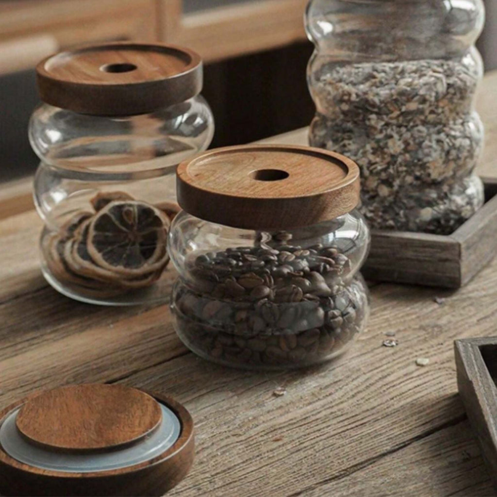 Bela Glass Jar Set | Wooden Lids, Hermetic Silicone Closure