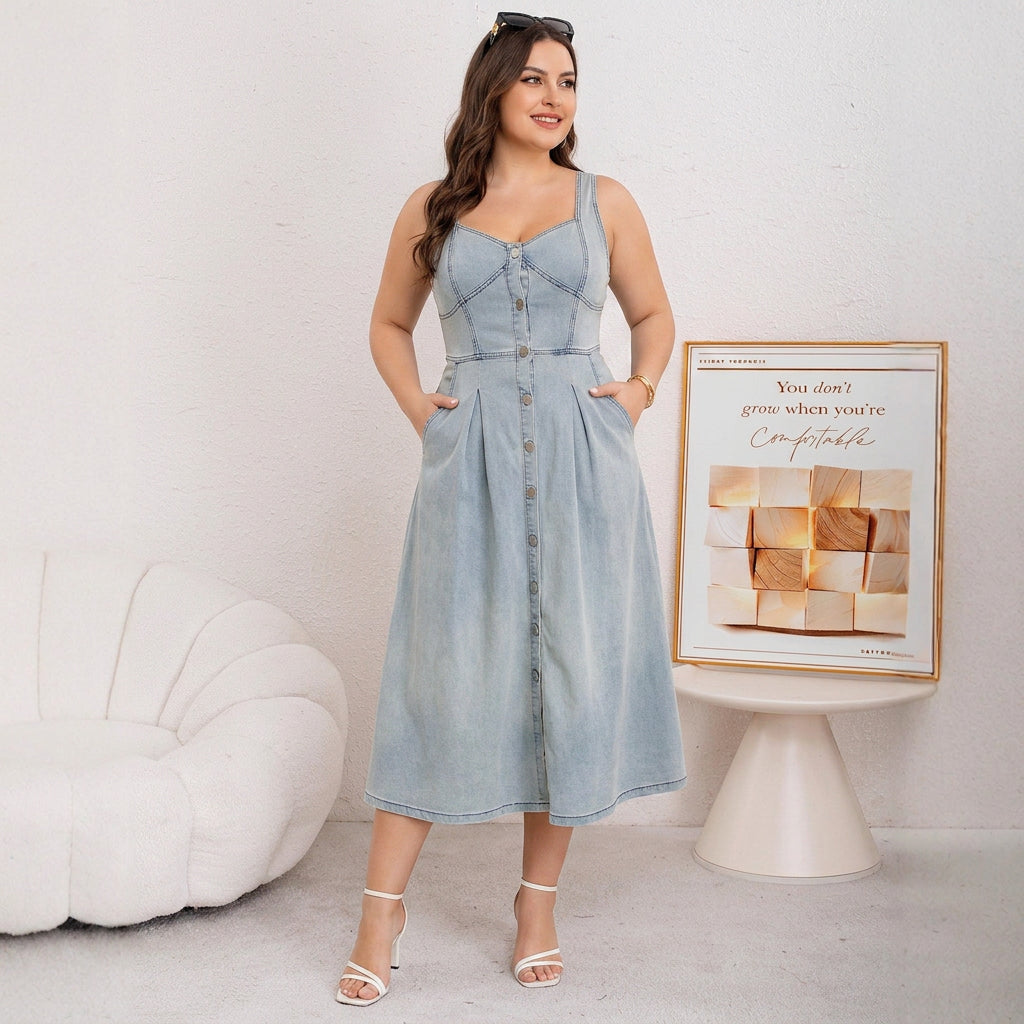 Effortless Midi Dress for Women Sweetheart-Neck Button-Front Pocketed