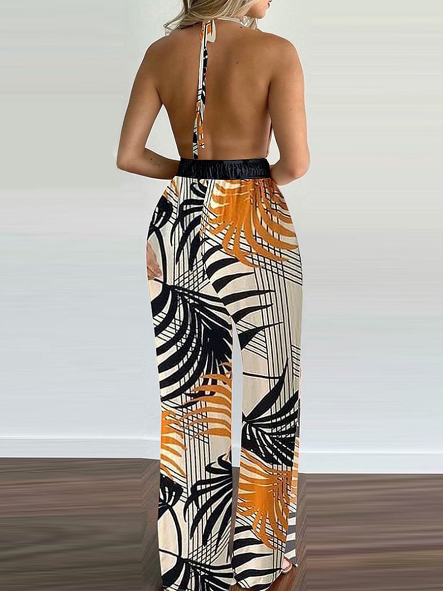 Elegant Maxi Dress for Women Halter Deep-V Palm-Print