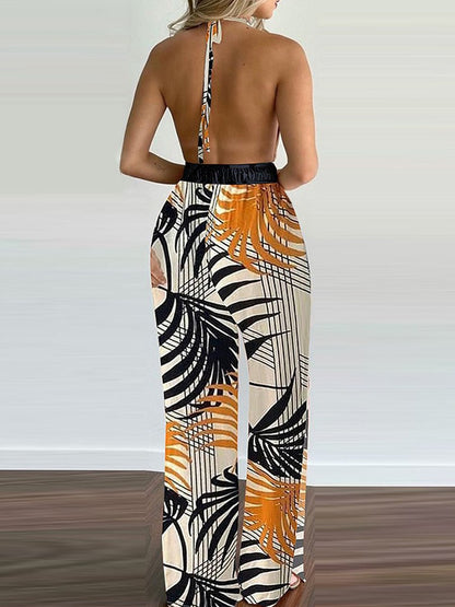 Elegant Maxi Dress for Women Halter Deep-V Palm-Print