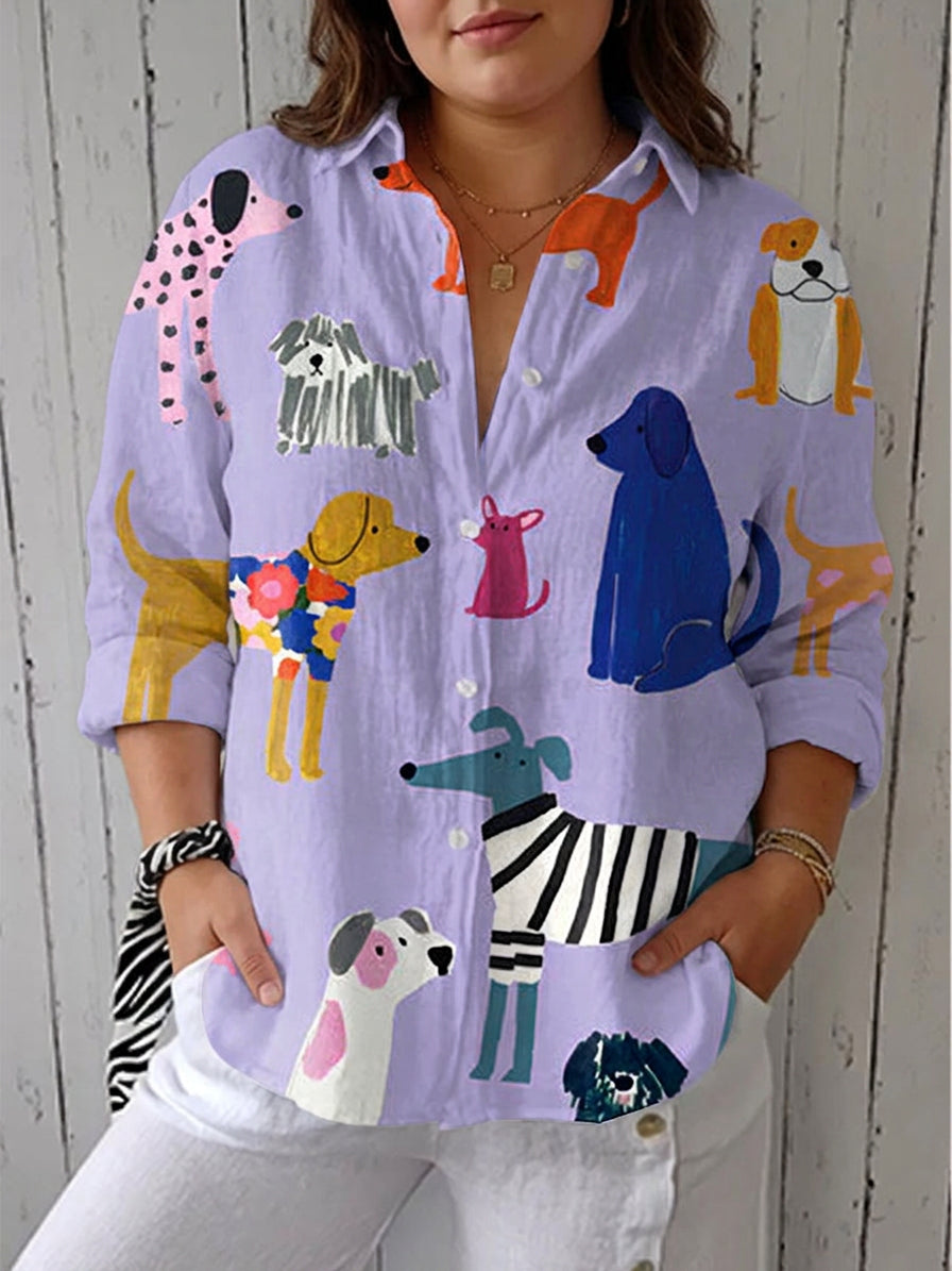 Stylish Blouse for Women Dog-Print Collared Long-Sleeve