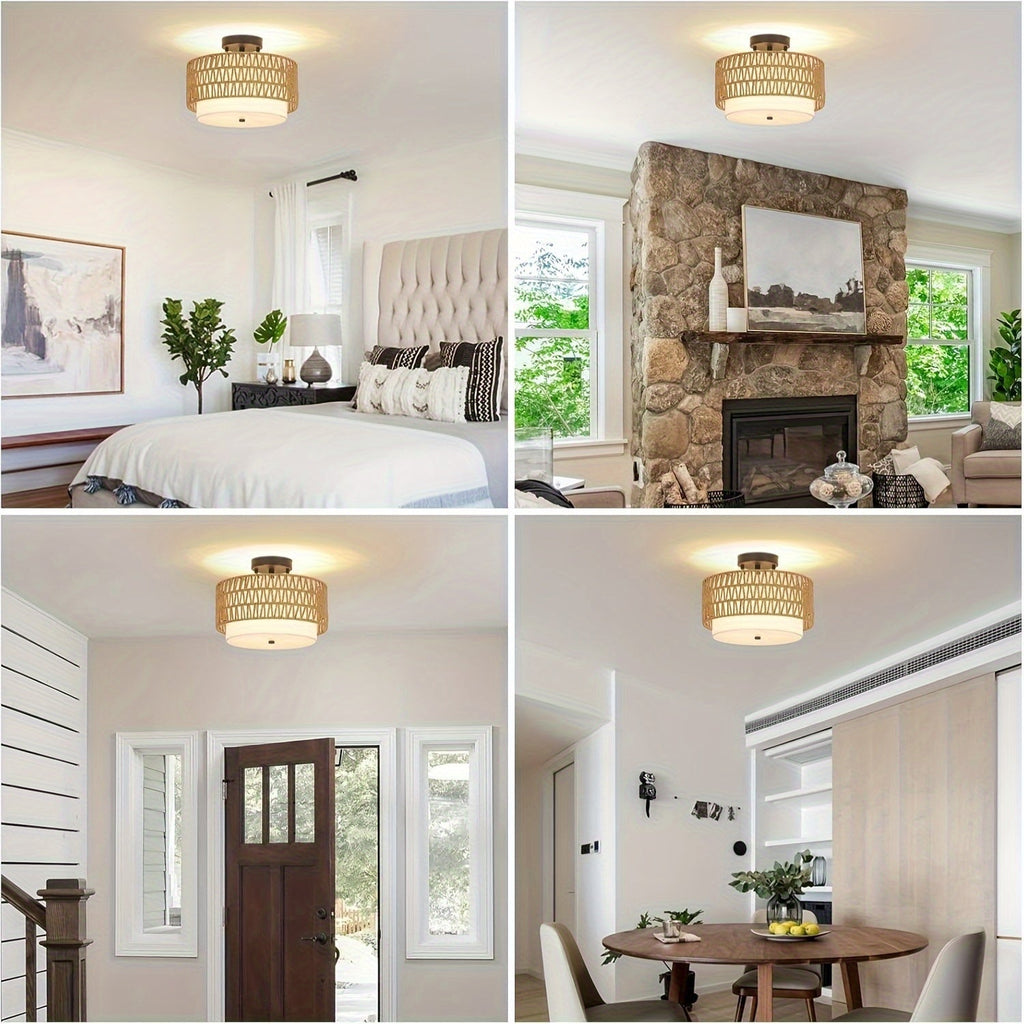 Bela Rattan Ceiling Light | Semi-Flush Mount with Linen Shade