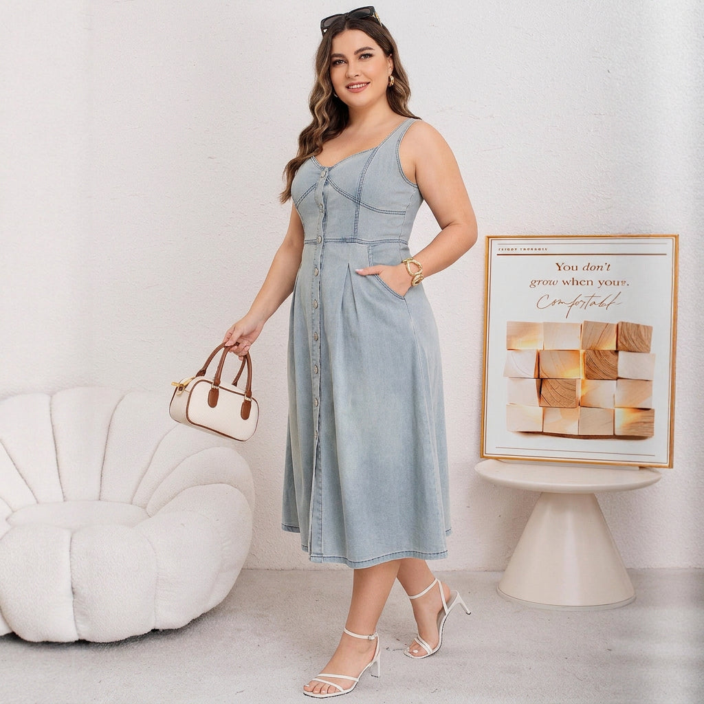 Effortless Midi Dress for Women Sweetheart-Neck Button-Front Pocketed
