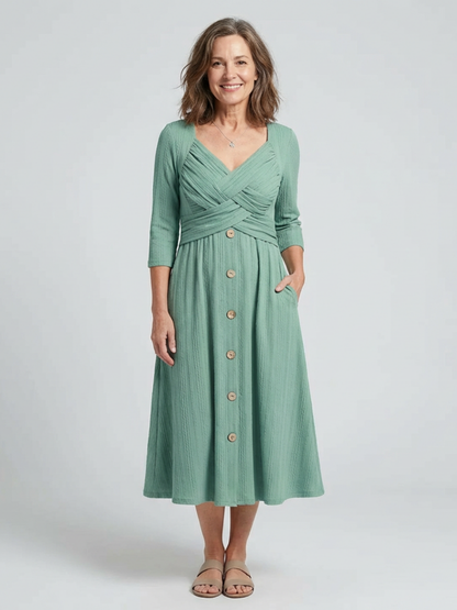 Elegant Button-Front Midi Dress for Women Cross Pleated V-Neck