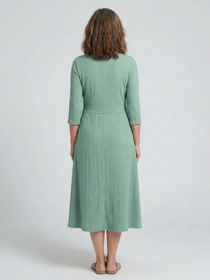 Elegant Button-Front Midi Dress for Women Cross Pleated V-Neck