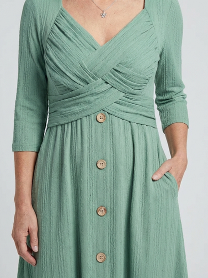 Elegant Button-Front Midi Dress for Women Cross Pleated V-Neck
