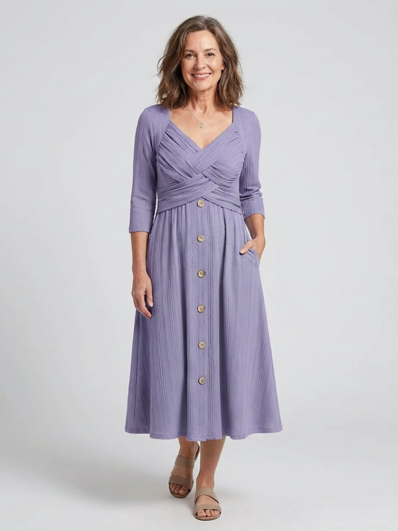 Elegant Button-Front Midi Dress for Women Cross Pleated V-Neck