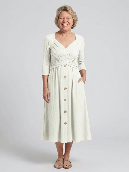 Elegant Button-Front Midi Dress for Women Cross Pleated V-Neck