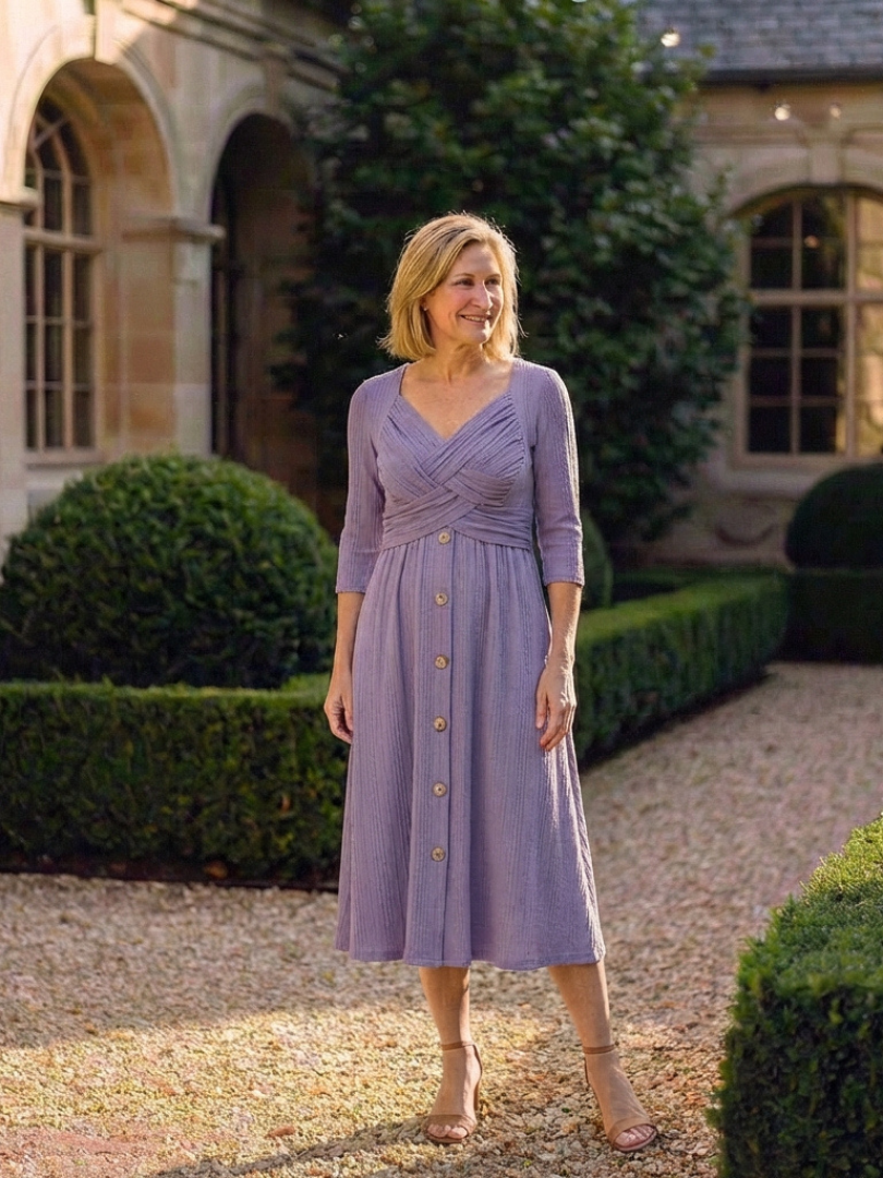 Elegant Button-Front Midi Dress for Women Cross Pleated V-Neck