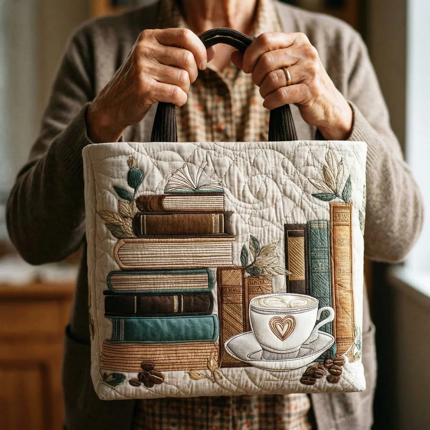 Stylish Tote Bag for Women Book-Print Quilted Top-Handle — Ivory