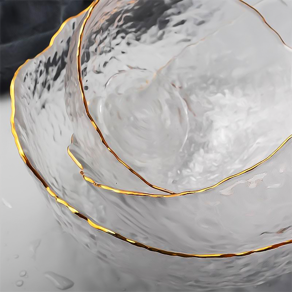 FrostBreeze Serving Bowls | Textured Glass, Gold Trim