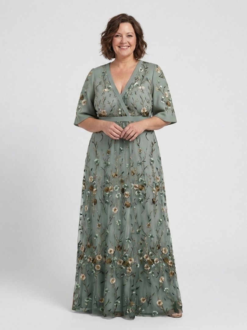 Elegant Maxi Dress for Women Floral Embroidered V-Neck