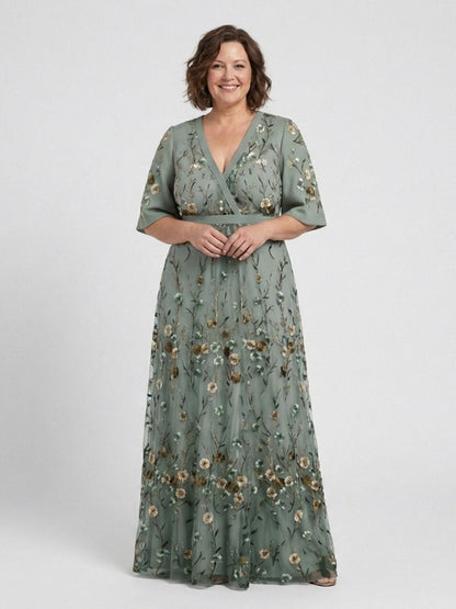 Elegant Maxi Dress for Women Floral Embroidered V-Neck