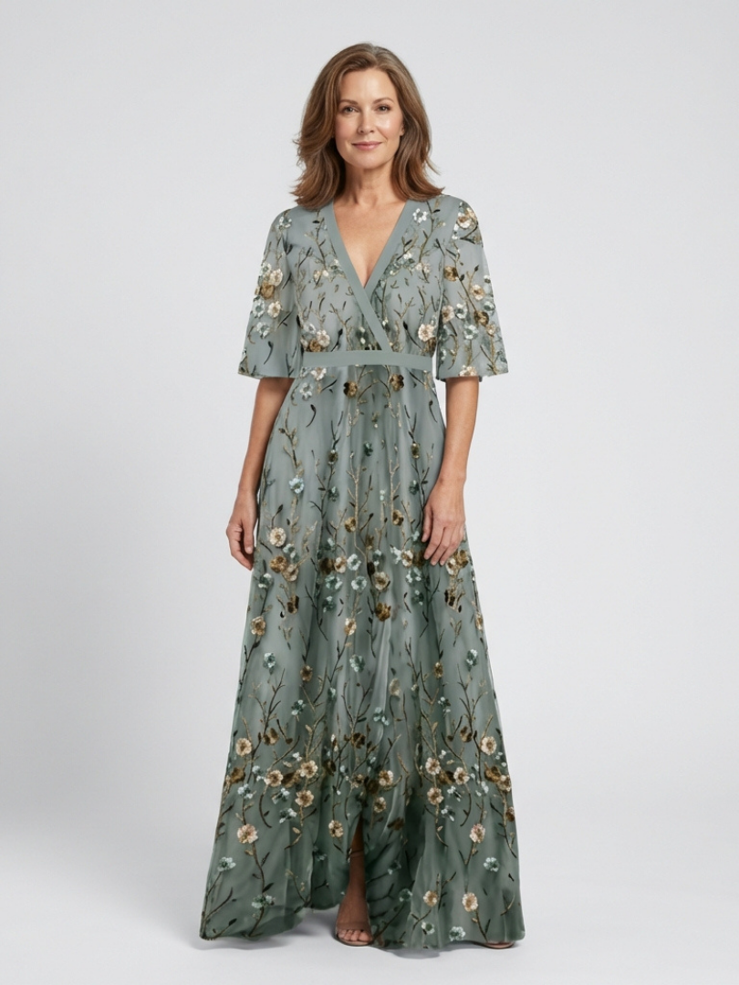 Elegant Maxi Dress for Women Floral Embroidered V-Neck