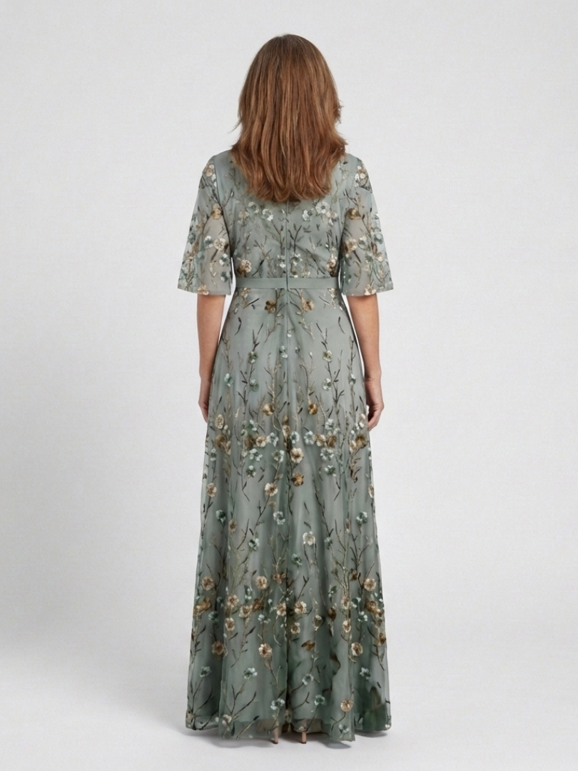 Elegant Maxi Dress for Women Floral Embroidered V-Neck