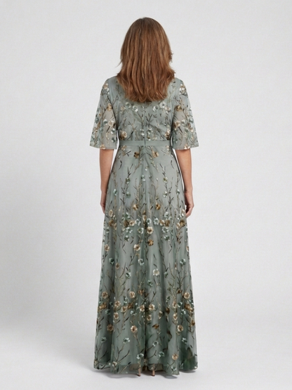 Elegant Maxi Dress for Women Floral Embroidered V-Neck