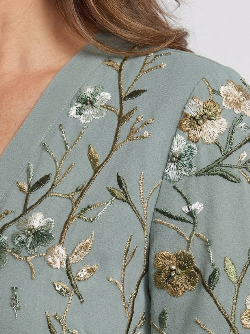 Elegant Maxi Dress for Women Floral Embroidered V-Neck