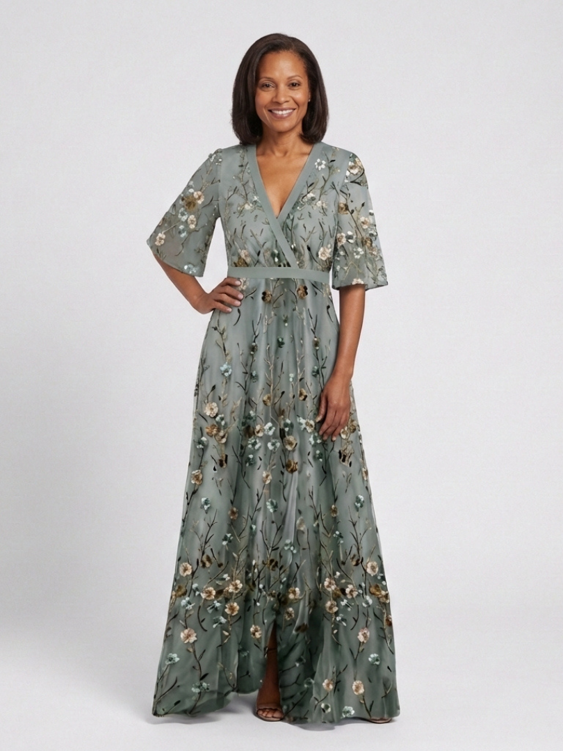 Elegant Maxi Dress for Women Floral Embroidered V-Neck