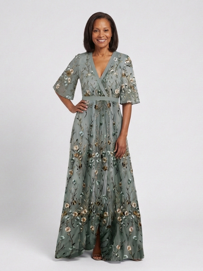 Elegant Maxi Dress for Women Floral Embroidered V-Neck