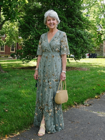 Elegant Maxi Dress for Women Floral Embroidered V-Neck