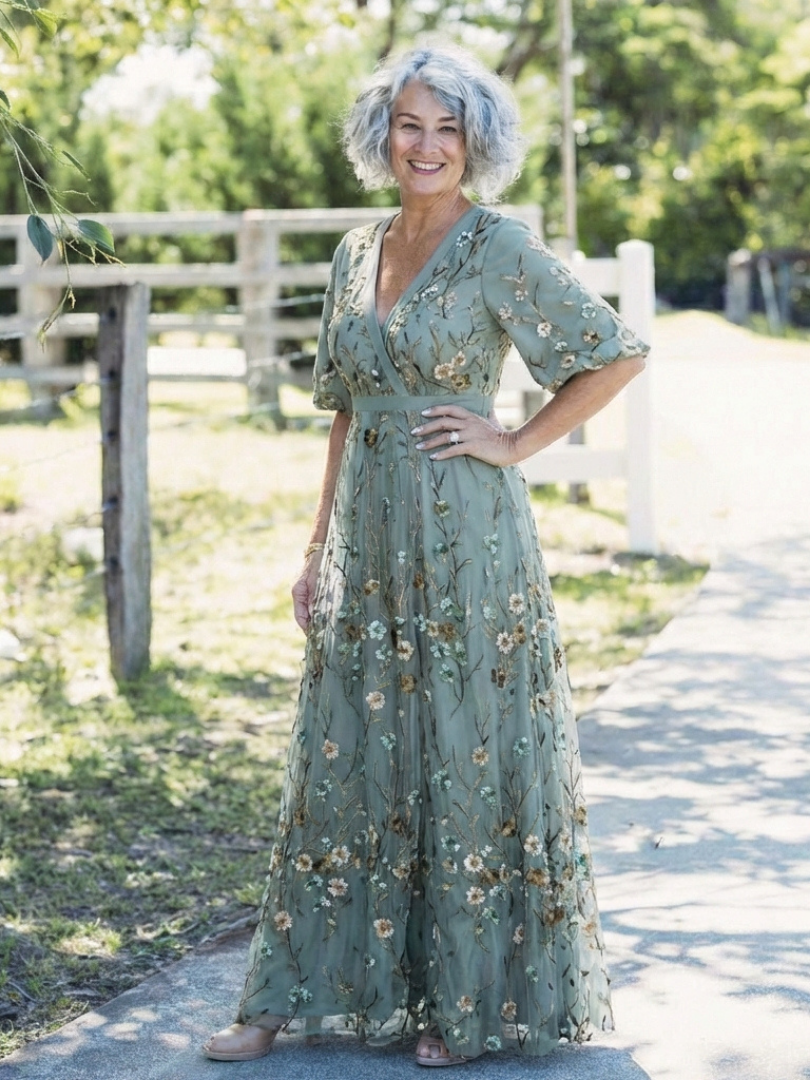 Elegant Maxi Dress for Women Floral Embroidered V-Neck