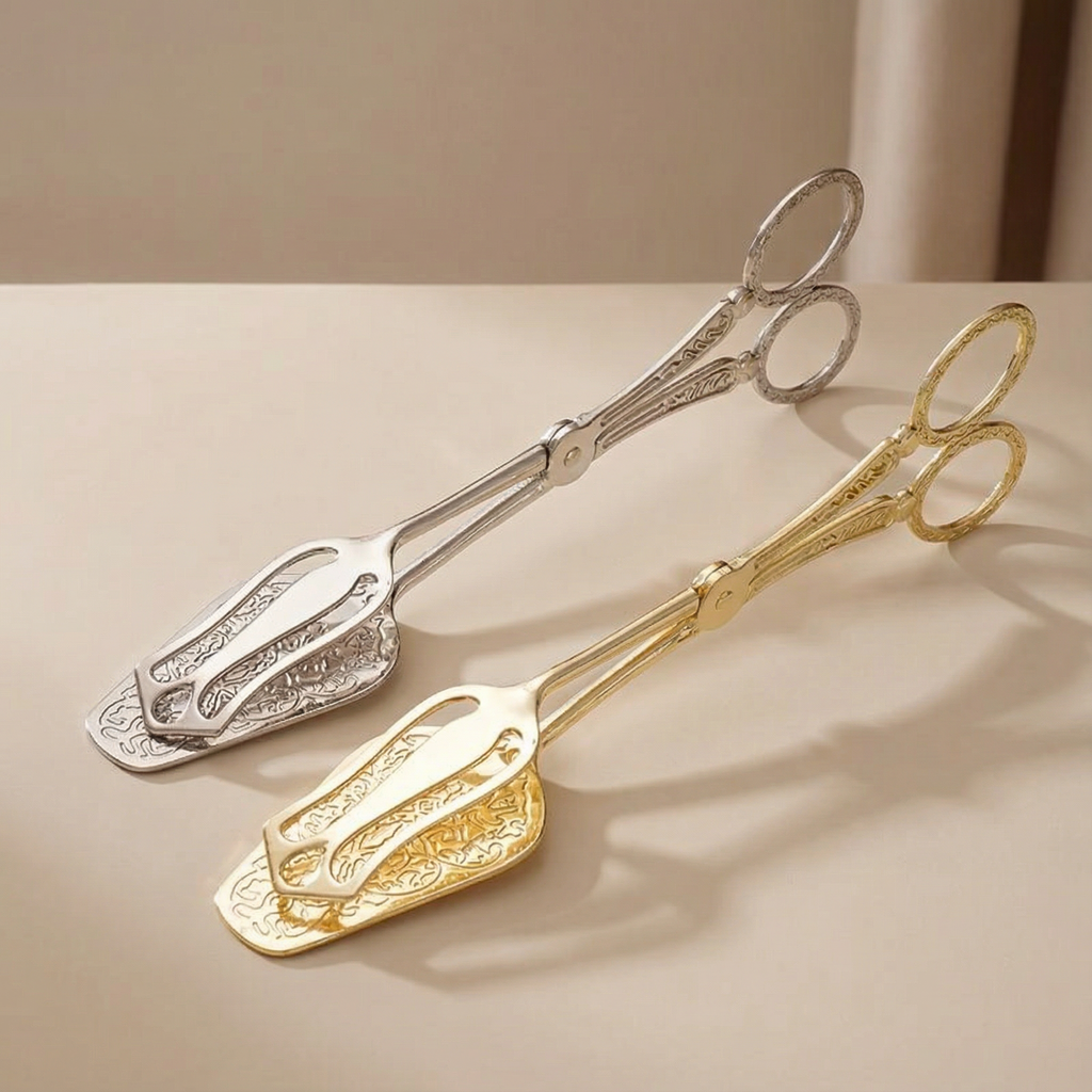 Elegant Salad Server with Vintage Engravings and Scissor Tongs – Perfect for Cakes and Special Occasions