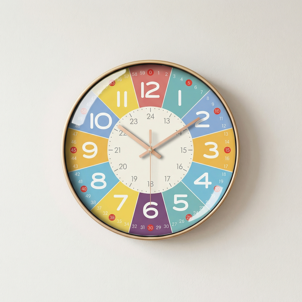 Colorful Educational Wall Clock for Kids – Silent Mechanism, 12-Inch Diameter, Engaging Design for Cognitive Development