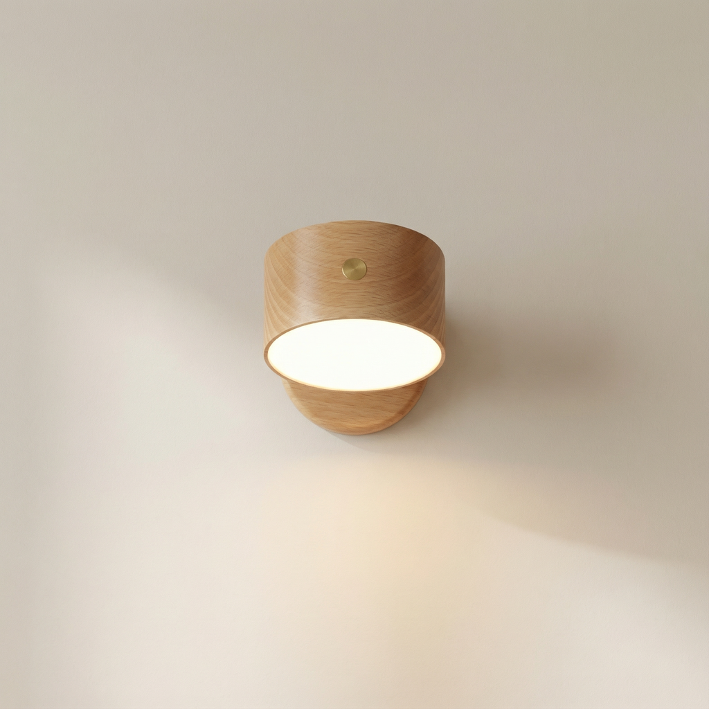 Minimalist Round LED Wall Sconce - Modern Wooden Design with Rechargeable Convenience for Ambient Lighting