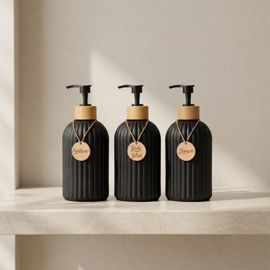 Refillable Shampoo Bottle Set with Pump Dispensers – 3-Piece Black and White Bathroom Organizer