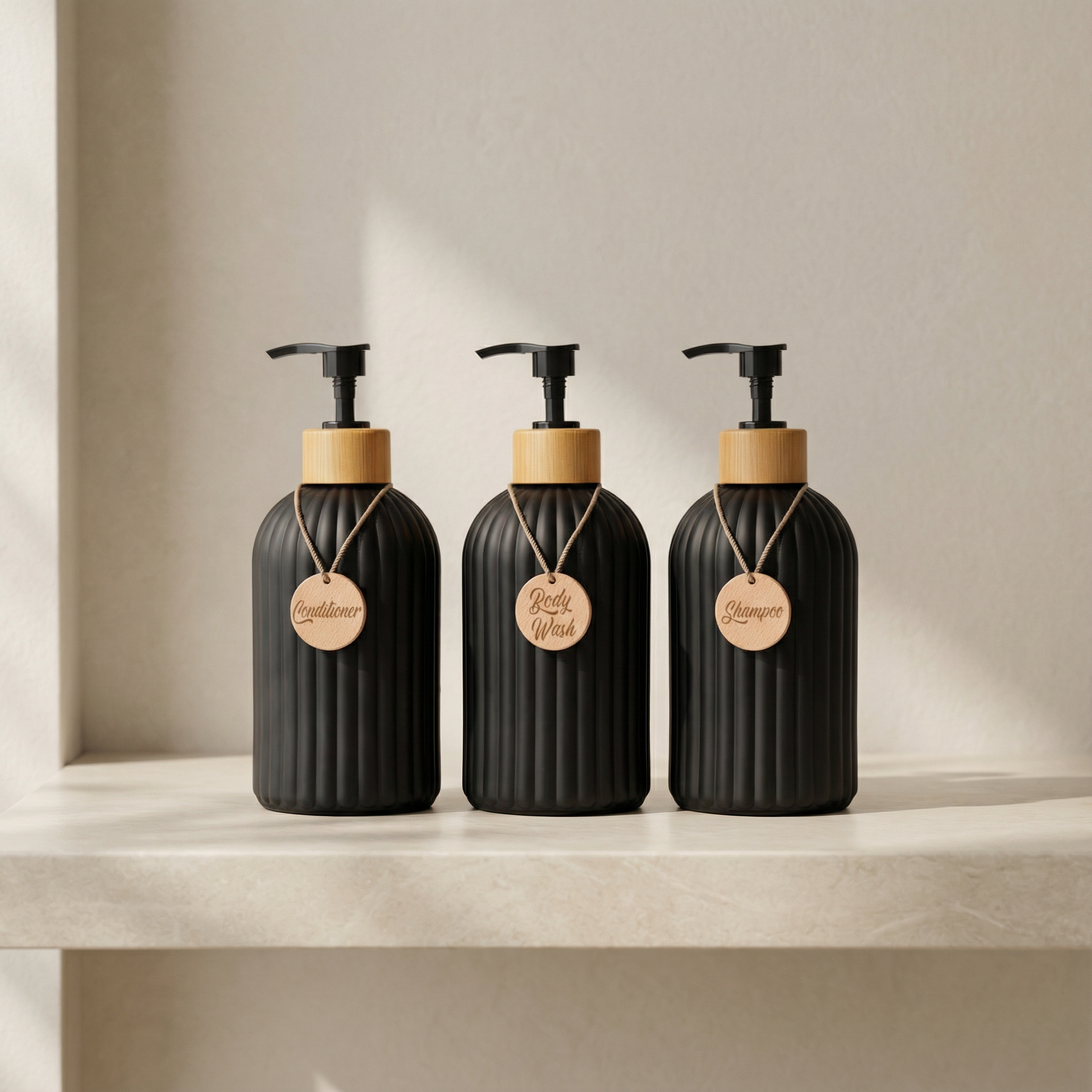 Refillable Shampoo Bottle Set with Pump Dispensers – 3-Piece Black and White Bathroom Organizer