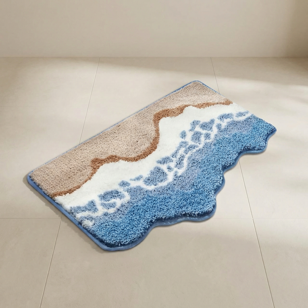 Ocean Waves Microfiber Bath Mat – Soft High-Pile Non-Slip Bathroom Mat with Anti-Slip Backing – Machine Washable and Quick Drying