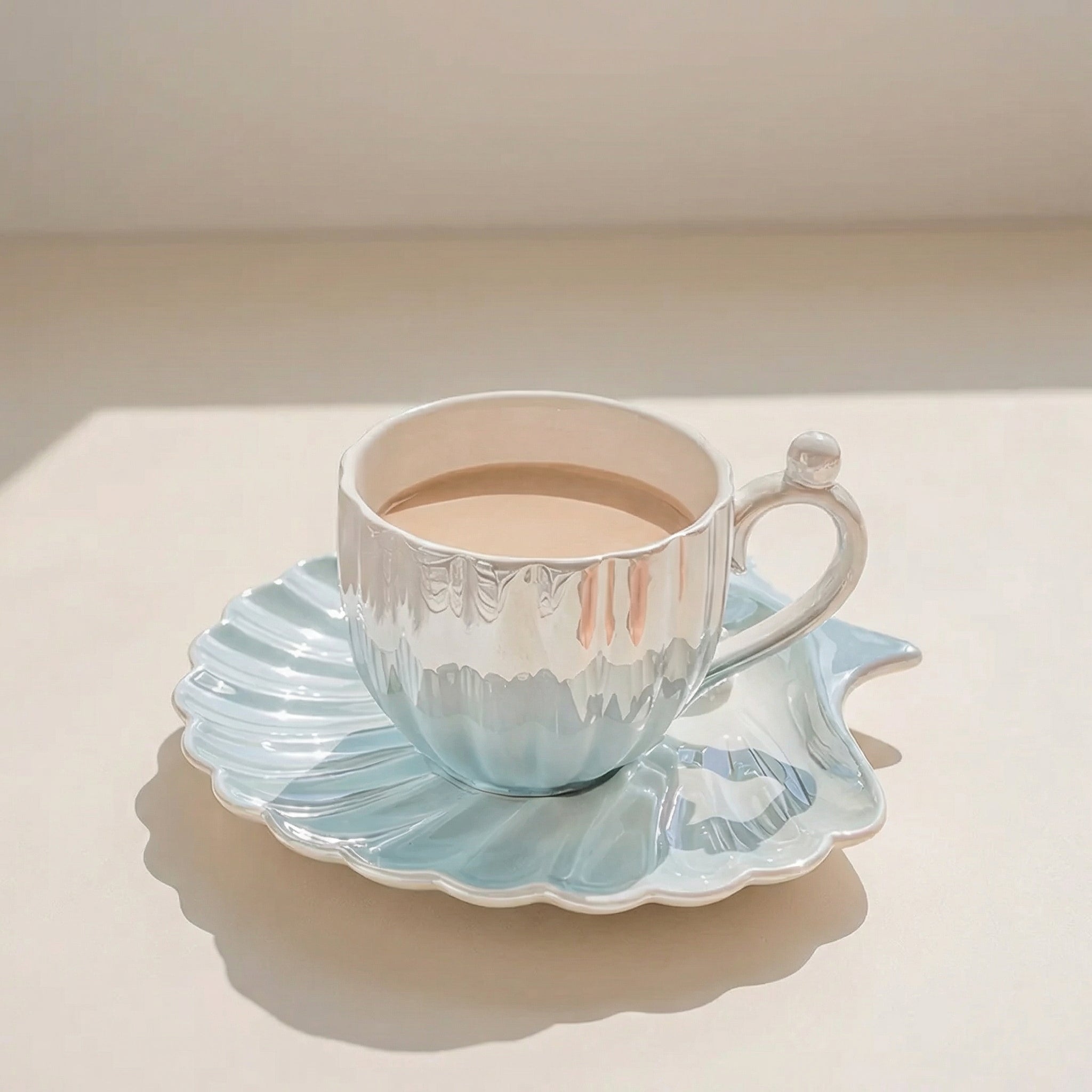 Mermaid-Inspired Tea Cup Set with Iridescent Shell Design – Ceramic Cup and Saucer Set for Coastal Elegance