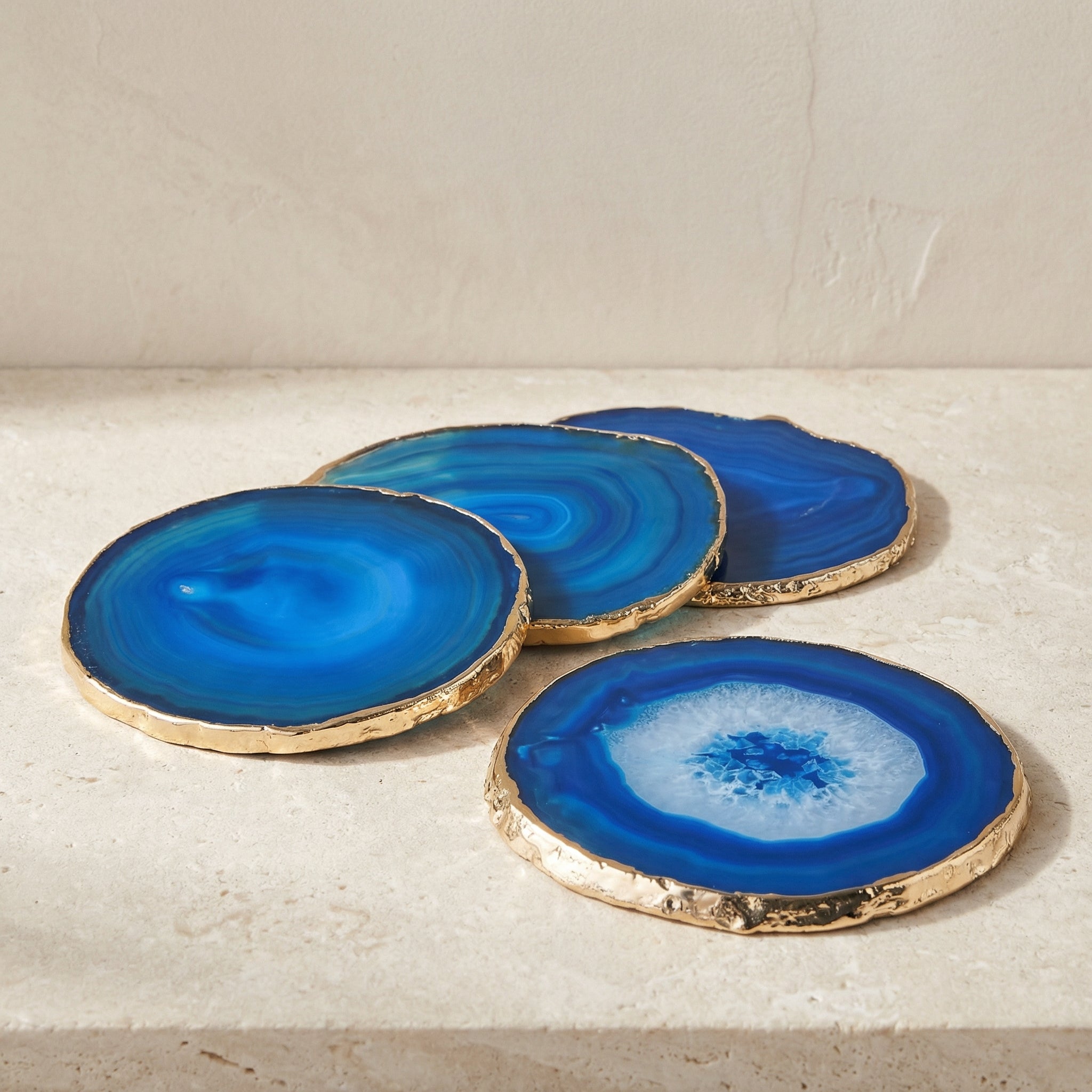 Blue Agate Coasters Set – Natural Stone Drink Coasters with Gold-Plated Edges, 3.5–4 Inch