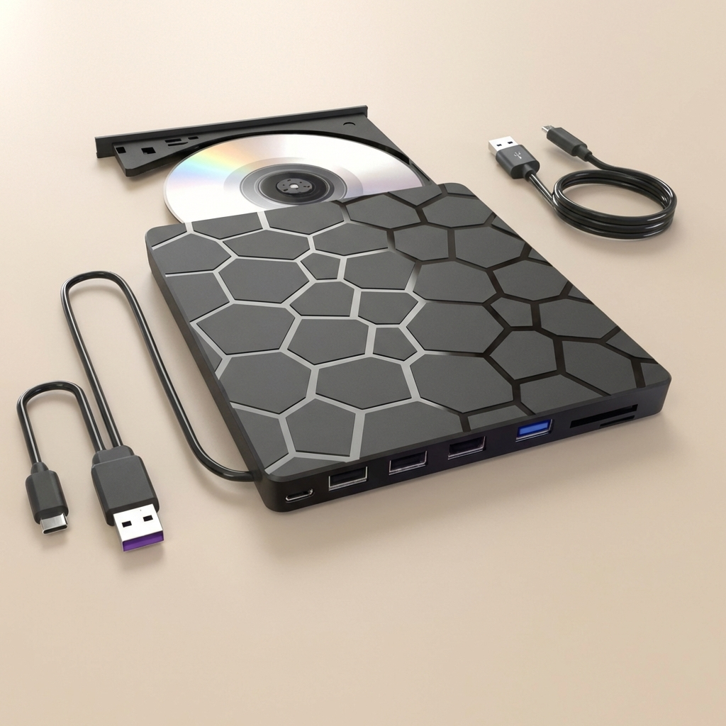 7-in-1 Portable External CD/DVD Drive for Laptop with USB 3.0, USB-C, 8-Port Hub, and SD Card Reader