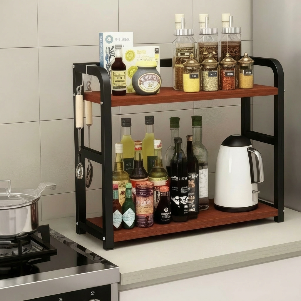 2 Tier Spice Organizer Rack for Kitchen Counter – Black Metal Frame with Wooden Shelves, Space Saving Spice Storage