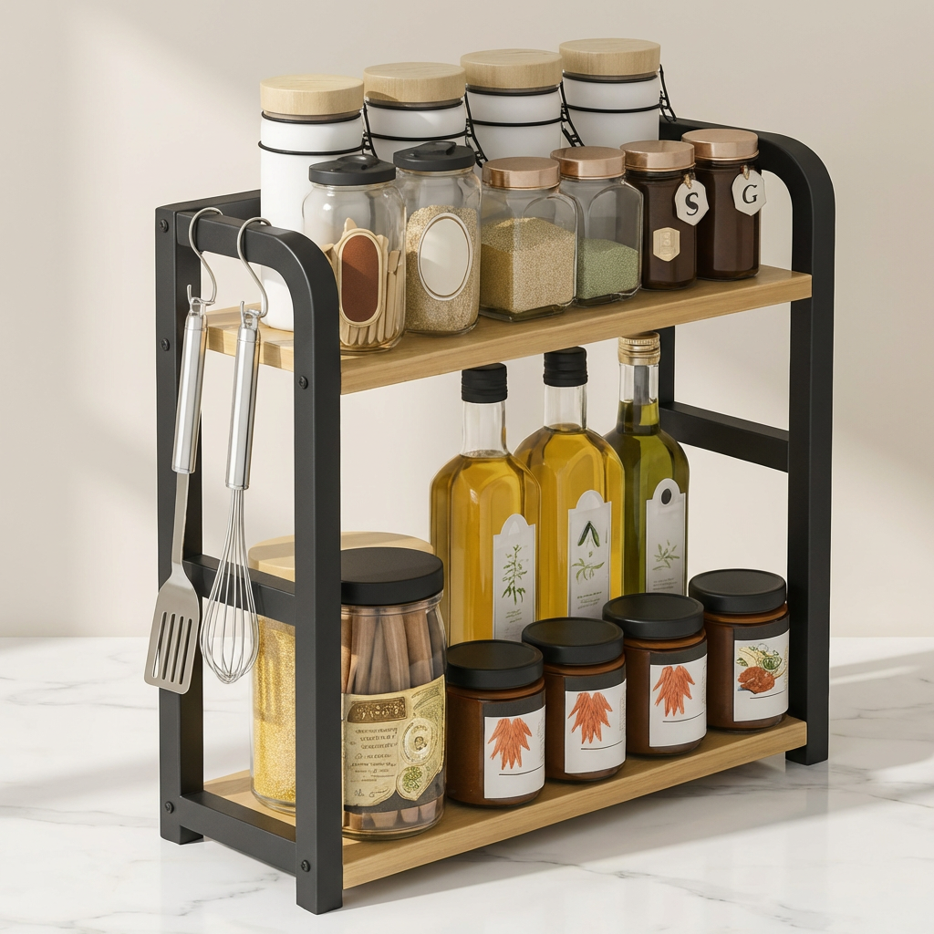 2 Tier Spice Organizer Rack for Kitchen Counter – Black Metal Frame with Wooden Shelves, Space Saving Spice Storage