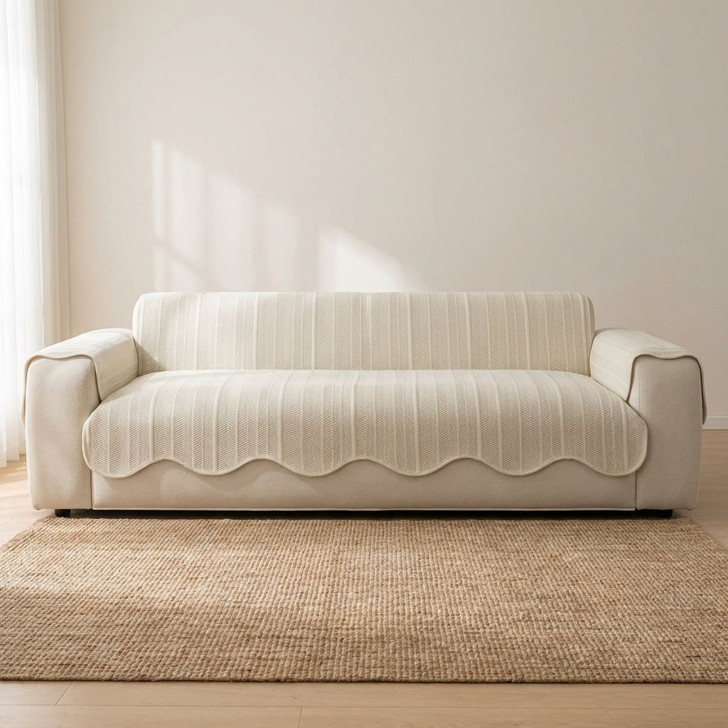 Elegant Herringbone Sofa Cover with Scallop Edge – Soft Microfiber Blend Slipcover Couch Protector for Stylish Home Decor