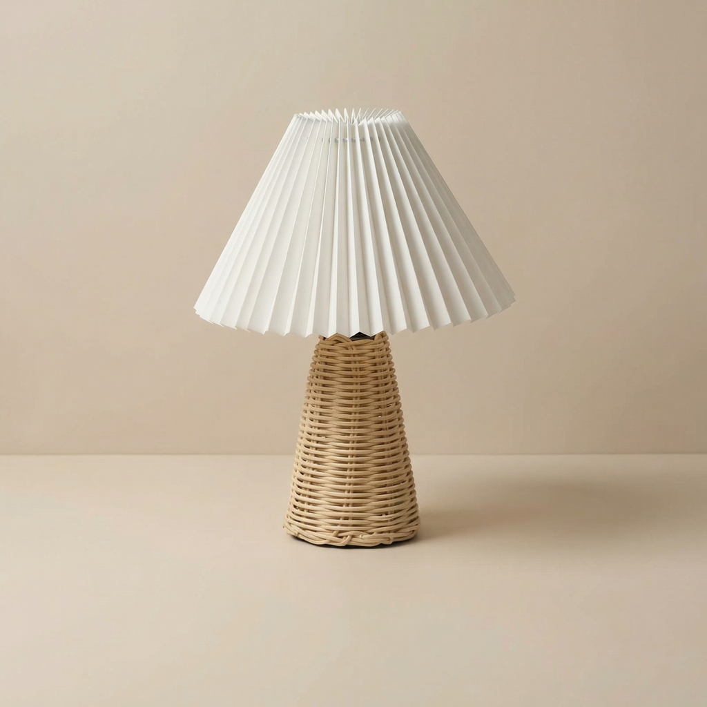 Pleated Shade Bedside Lamp, Rattan Base, LED Light Source, Adjustable Color Temperature