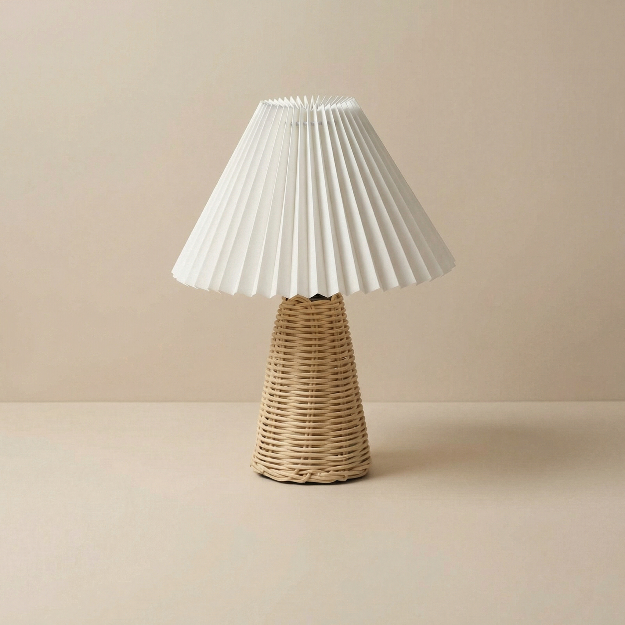 Pleated Shade Bedside Lamp, Rattan Base, LED Light Source, Adjustable Color Temperature