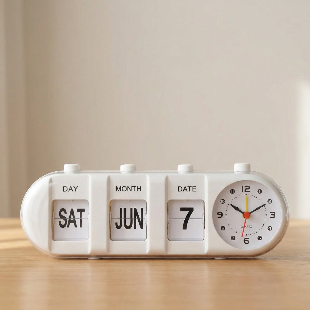 Desk Clock with Flip Calendar, Analog Display, 26.5 cm Width